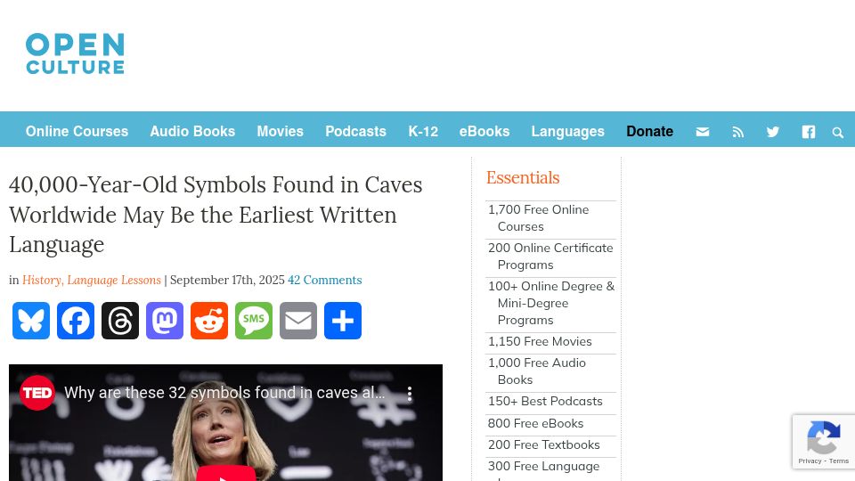 Screenshot of openculture.com: 40k-Year-Old Symbols in Caves Worldwide May Be the Earliest Written Language