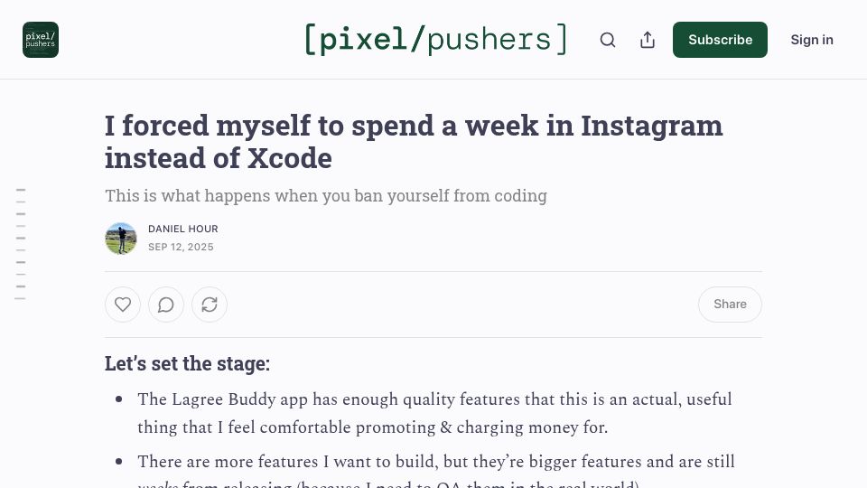 Screenshot of pixelpusher.club: I forced myself to spend a week in Instagram instead of Xcode