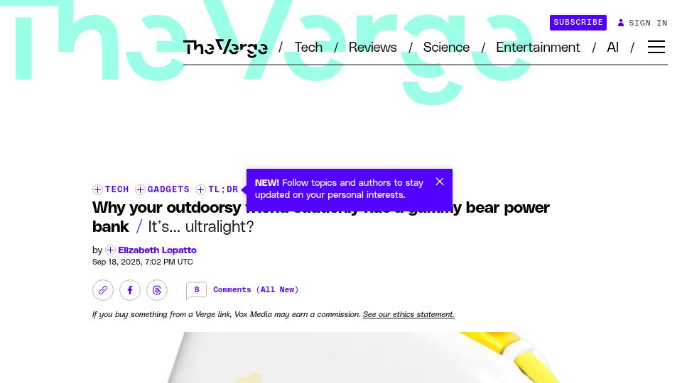 Screenshot of theverge.com: Why your outdoorsy friend suddenly has a gummy bear power bank