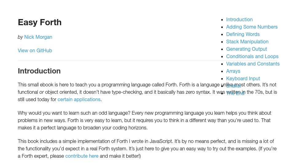 Screenshot of skilldrick.github.io: Easy Forth (2015)