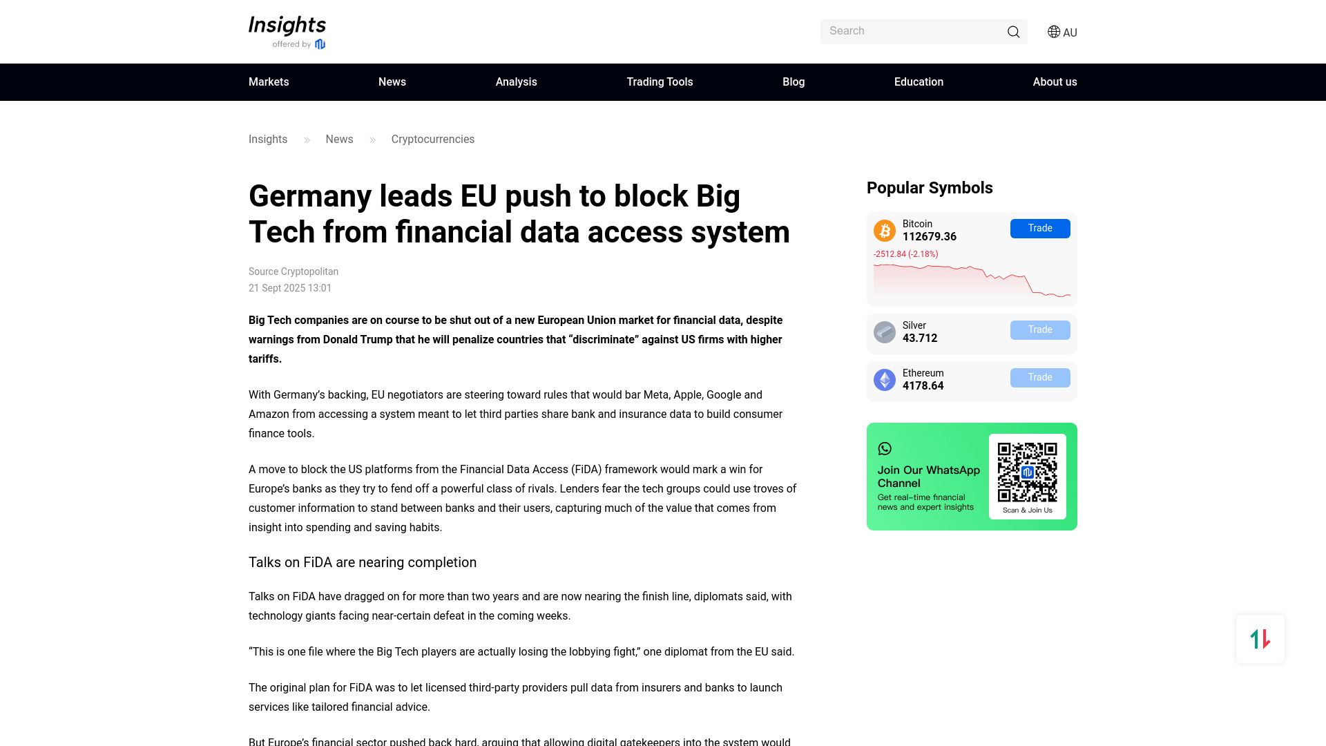 Screenshot of mitrade.com: Germany leads EU push to block Big Tech from financial data access system