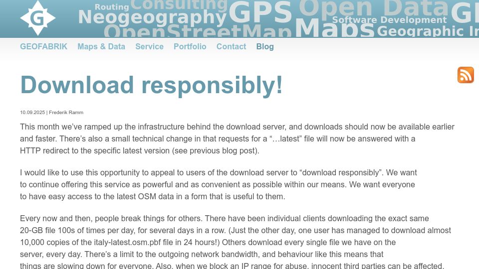 Screenshot of blog.geofabrik.de: Download responsibly