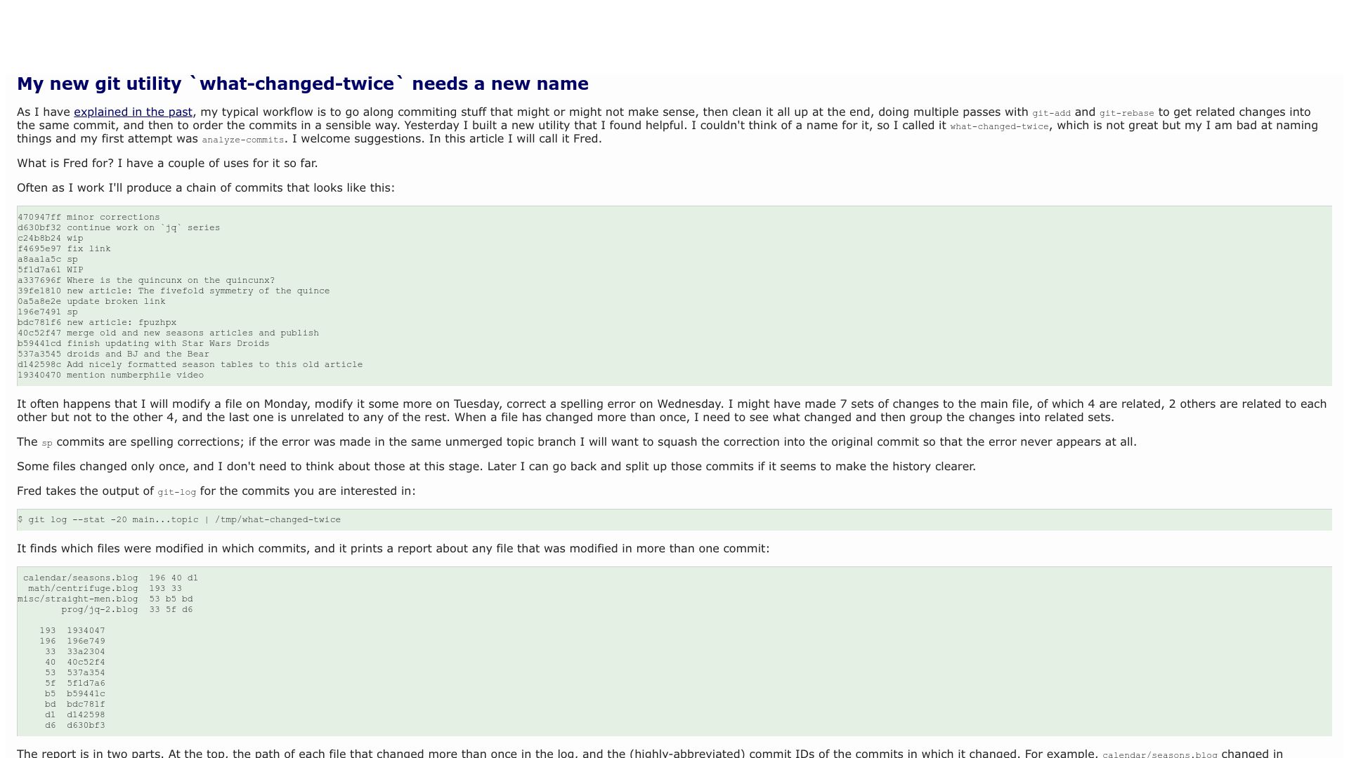 Screenshot of blog.plover.com: My new Git utility `what-changed-twice` needs a new name