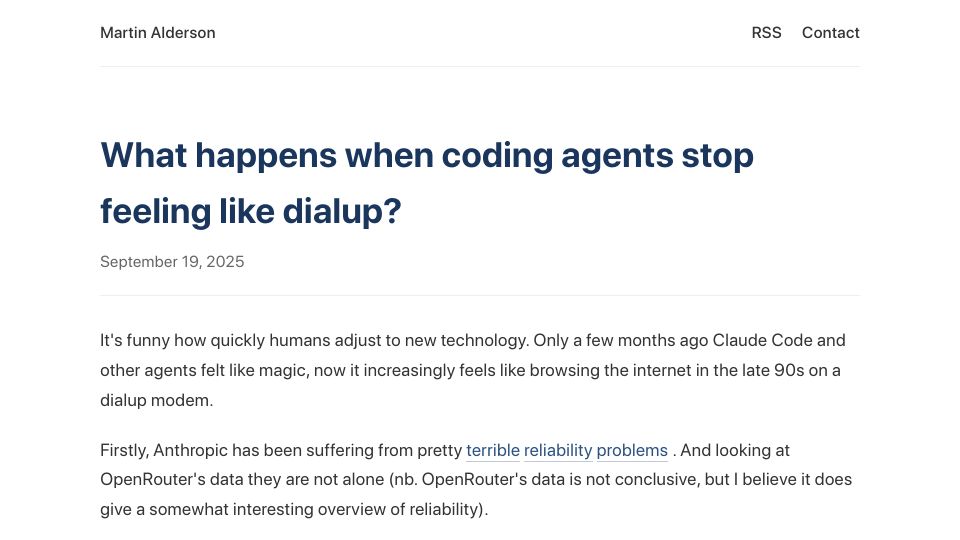 Screenshot of martinalderson.com: What happens when coding agents stop feeling like dialup?