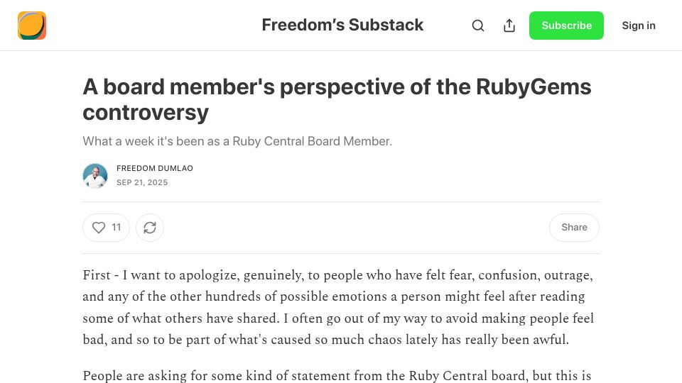 Screenshot of apiguy.substack.com: A board member's perspective of the RubyGems controversy