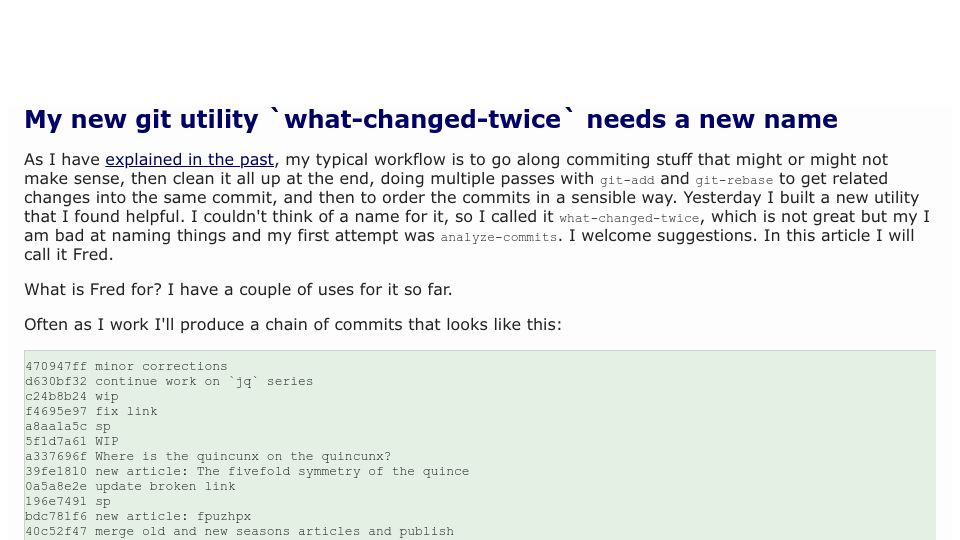 Screenshot of blog.plover.com: My new Git utility `what-changed-twice` needs a new name