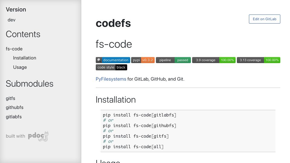 Screenshot of danjou.gitlab.io: Fs-code – PyFilesystems for Gitlab, GitHub, and Git