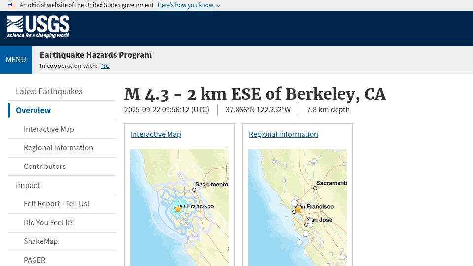Screenshot of earthquake.usgs.gov: M4.6 Earthquake – 2 km ESE of Berkeley, CA