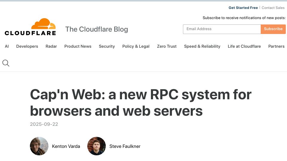 Screenshot of blog.cloudflare.com: Cap'n Web: a new RPC system for browsers and web servers