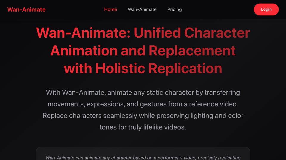 Screenshot of wananimate.net: Show HN: Wan-Animate – Unified Character Animation and Replacement