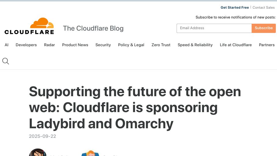 Screenshot of blog.cloudflare.com: Cloudflare is sponsoring Ladybird and Omarchy