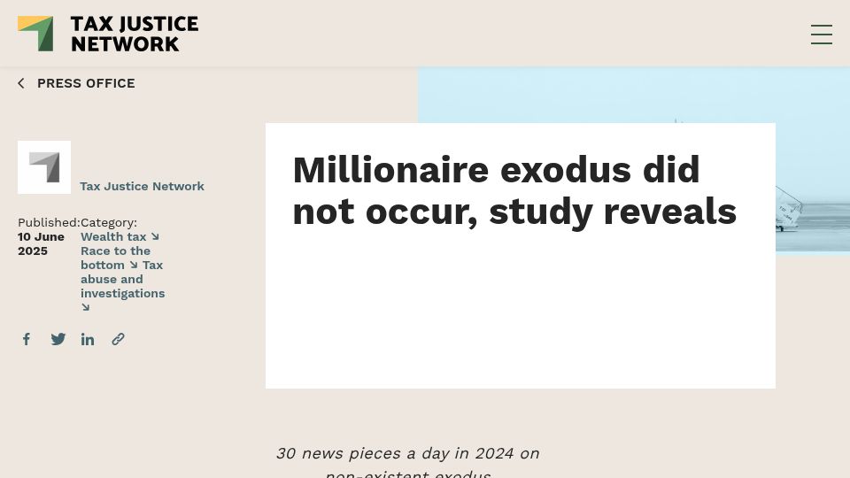 Screenshot of taxjustice.net: UK Millionaire exodus did not occur, study reveals