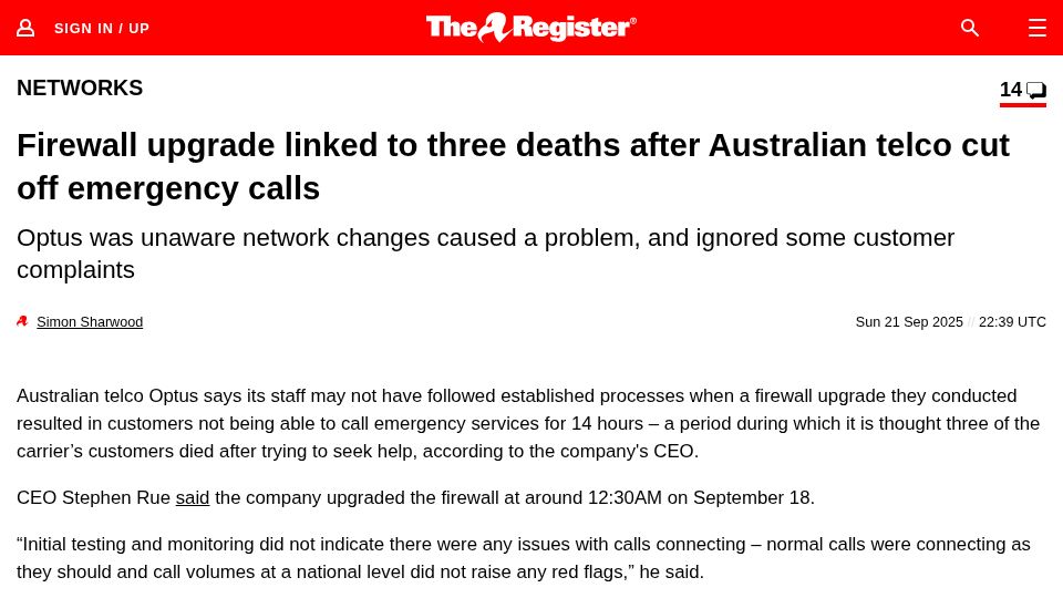 Screenshot of theregister.com: Australian telco cut off emergency calls, firewall upgrade linked to 3 deaths