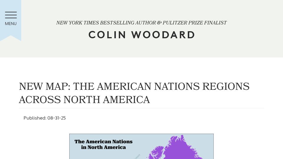 Screenshot of colinwoodard.com: The American Nations regions across North America