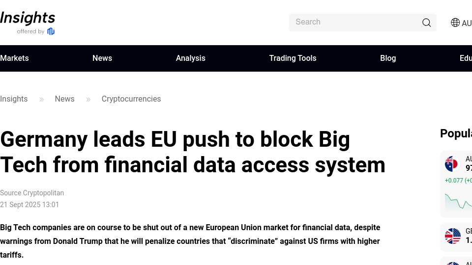 Screenshot of mitrade.com: Germany leads EU push to block Big Tech from financial data access system