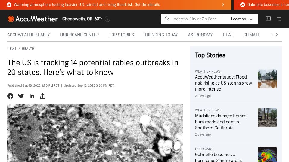 Screenshot of accuweather.com: The US Is Tracking 14 Potential Rabies Outbreaks in 20 States