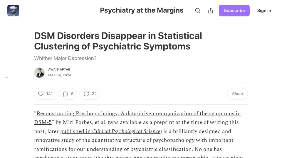 Screenshot of psychiatrymargins.com: DSM Disorders Disappear in Statistical Clustering of Psychiatric Symptoms (2024)