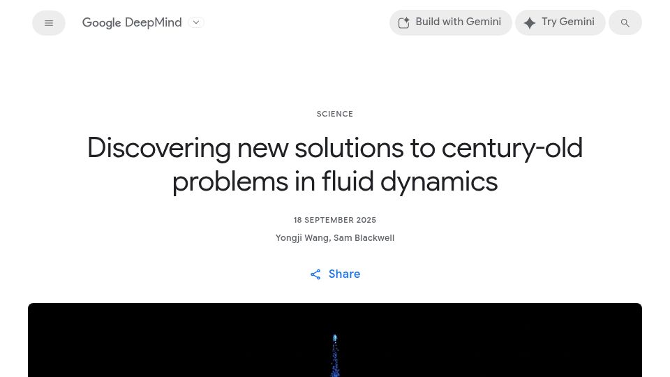 Screenshot of deepmind.google: Discovering new solutions to century-old problems in fluid dynamics