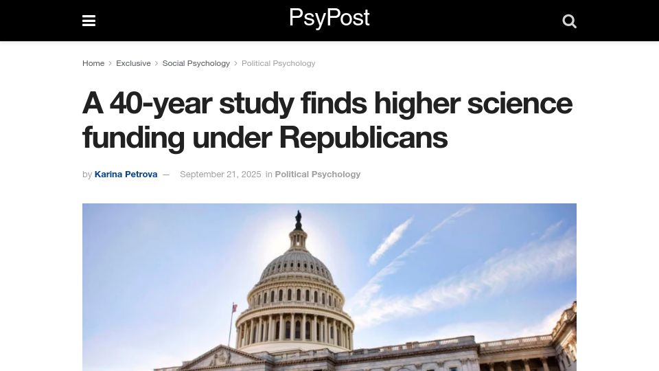 Screenshot of psypost.org: A 40-year study finds higher science funding under Republicans