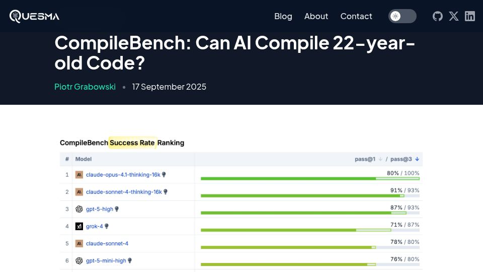 Screenshot of quesma.com: CompileBench: Can AI Compile 22-year-old Code?