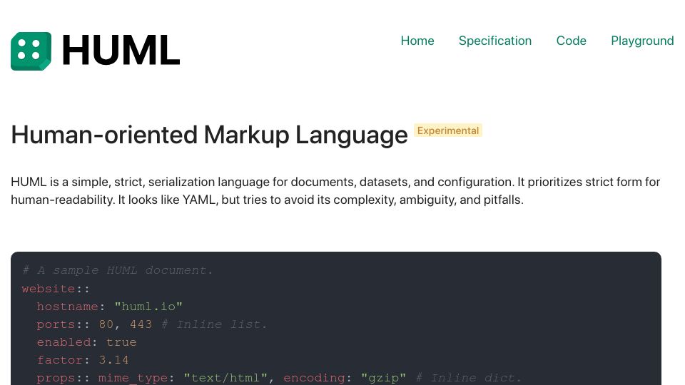 Screenshot of huml.io: Human-Oriented Markup Language