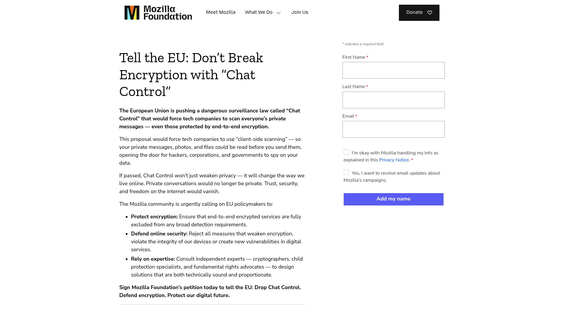 Screenshot of mozillafoundation.org: Tell the EU: Don't Break Encryption with "Chat Control"