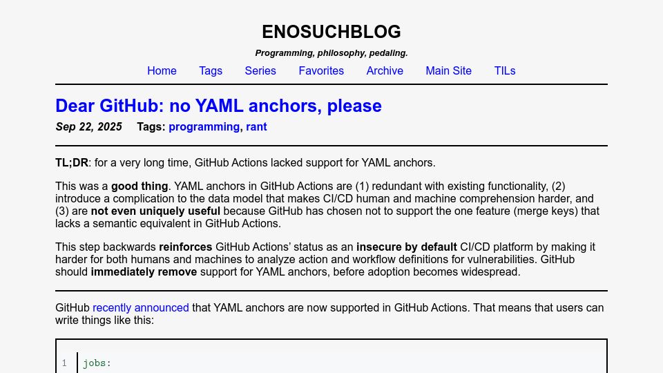 Screenshot of blog.yossarian.net: Dear GitHub: no YAML anchors, please