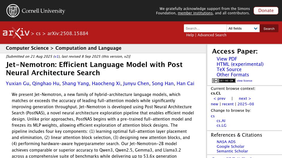 Screenshot of arxiv.org: Jet-Nemotron: Efficient Language Model with Post Neural Architecture Search