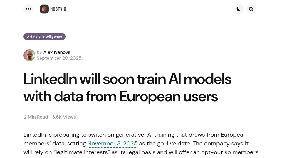 Screenshot of hostvix.com: LinkedIn will soon train AI models with data from European users