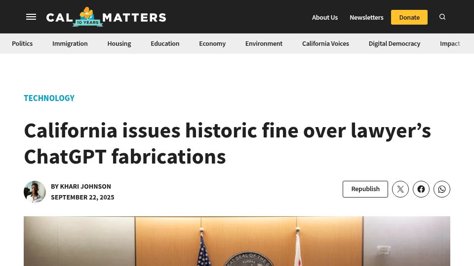 Screenshot of calmatters.org: California issues fine over lawyer's ChatGPT fabrications