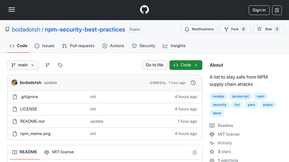 Screenshot of github.com: Show HN: Tips to stay safe from NPM supply chain attacks