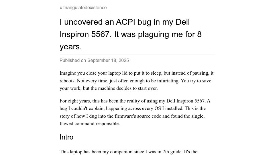 Screenshot of triangulatedexistence.mataroa.blog: I uncovered an ACPI bug in my Dell Inspiron 5567. It was plaguing me for 8 years