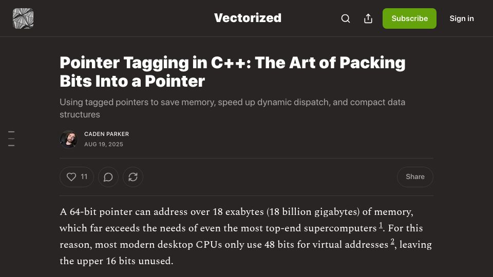 Screenshot of vectrx.substack.com: Pointer Tagging in C++: The Art of Packing Bits into a Pointer