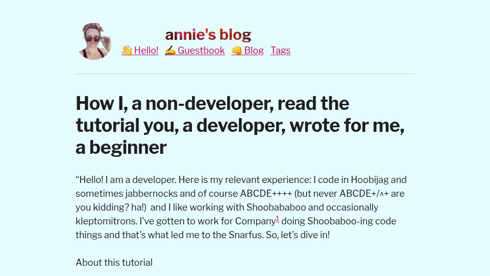 Screenshot of anniemueller.com: How I, a beginner developer, read the tutorial you, a developer, wrote for me