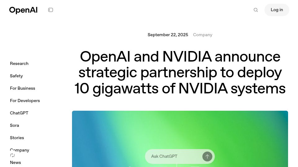 Screenshot of openai.com: OpenAI and Nvidia announce partnership to deploy 10GW of Nvidia systems