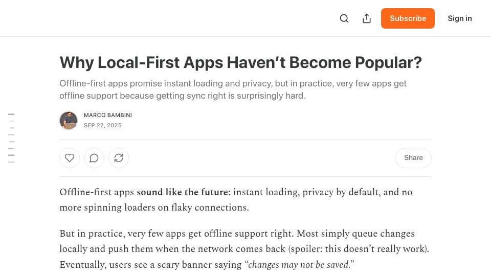 Screenshot of marcobambini.substack.com: Why haven't local-first apps become popular?