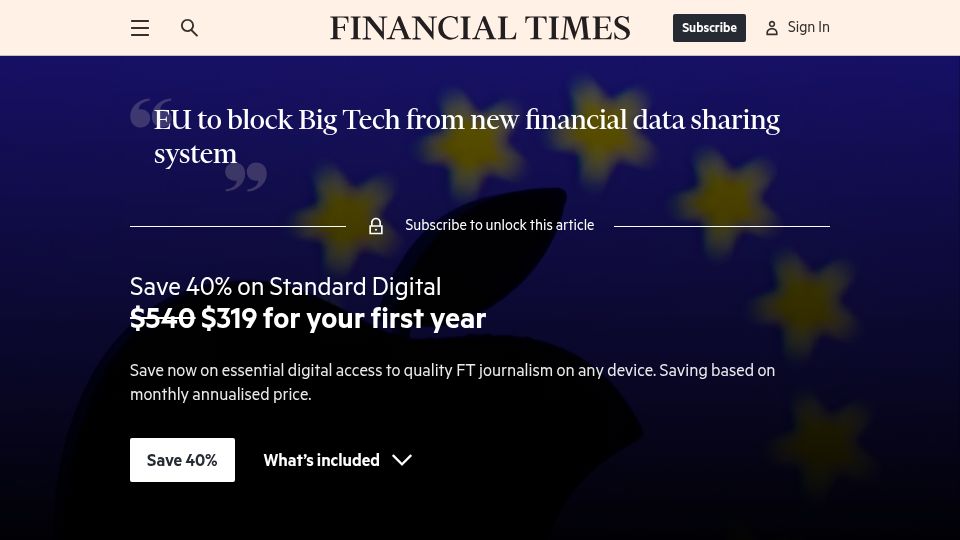 Screenshot of ft.com: EU to block Big Tech from new financial data sharing system