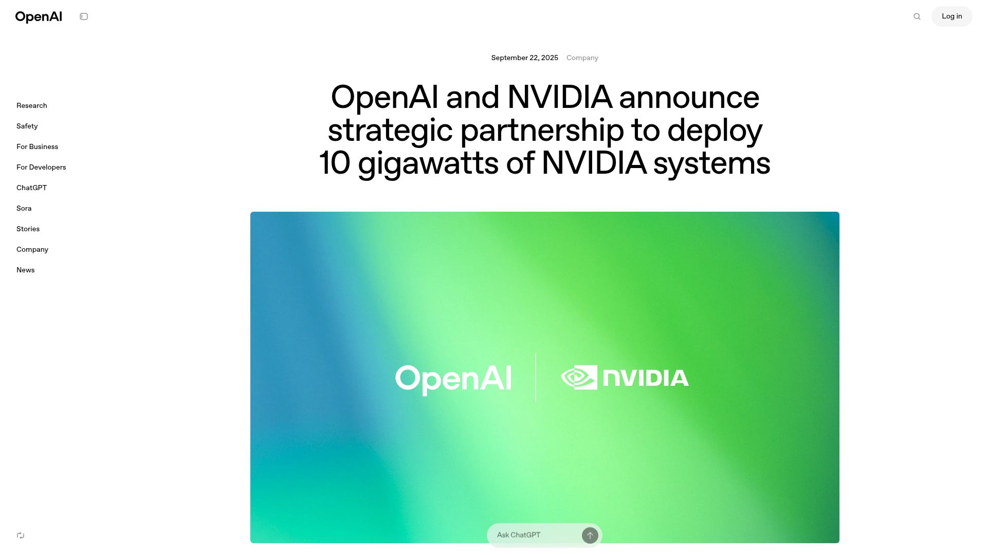 Screenshot of openai.com: OpenAI and Nvidia announce partnership to deploy 10GW of Nvidia systems