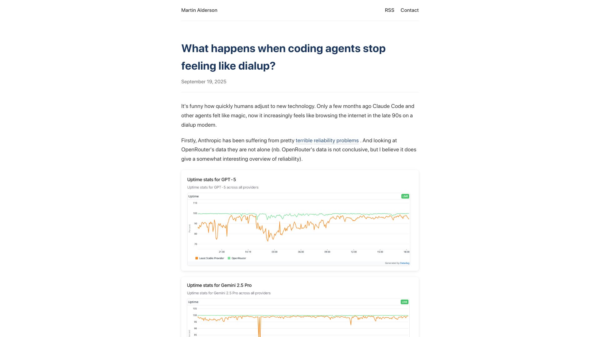 Screenshot of martinalderson.com: What happens when coding agents stop feeling like dialup?