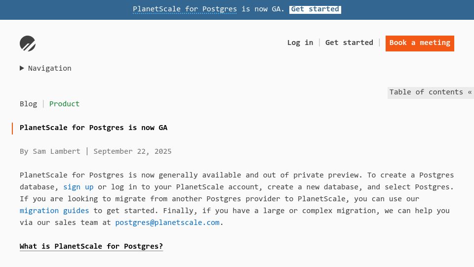 Screenshot of planetscale.com: PlanetScale for Postgres is now GA