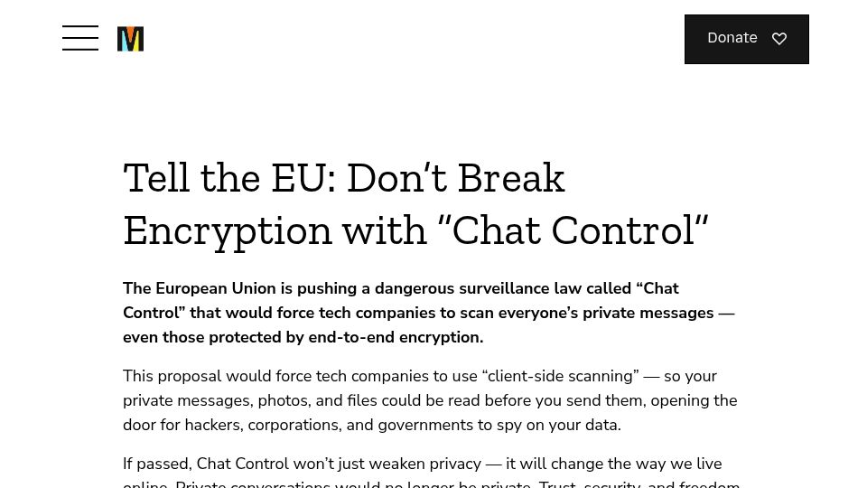 Screenshot of mozillafoundation.org: Tell the EU: Don't Break Encryption with "Chat Control"