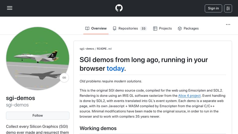 Screenshot of github.com: SGI demos from long ago in the browser via WASM