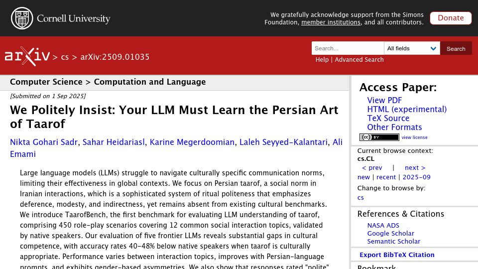 Screenshot of arxiv.org: We Politely Insist: Your LLM Must Learn the Persian Art of Taarof