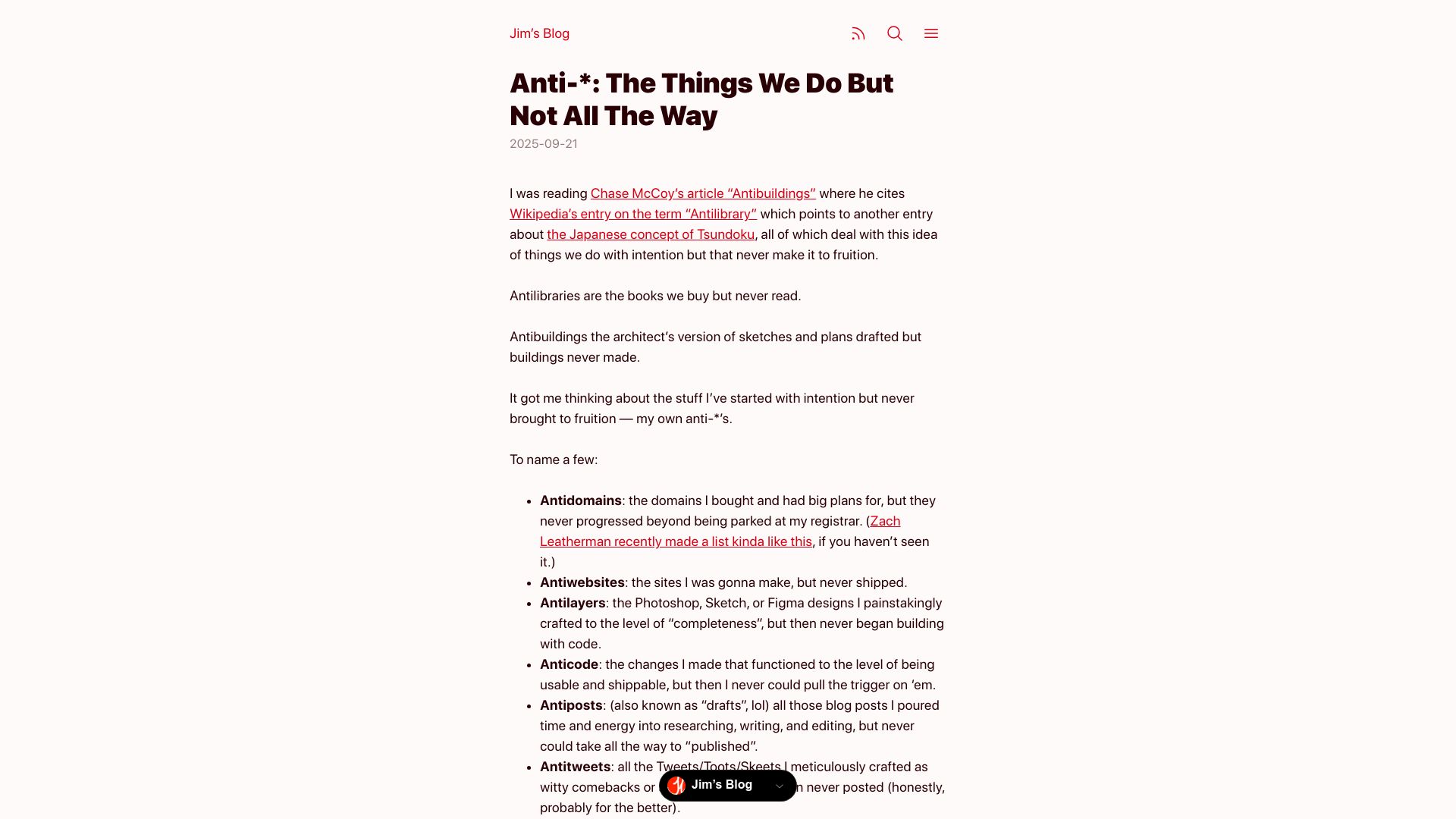 Screenshot of blog.jim-nielsen.com: Anti-*: The Things We Do but Not All the Way