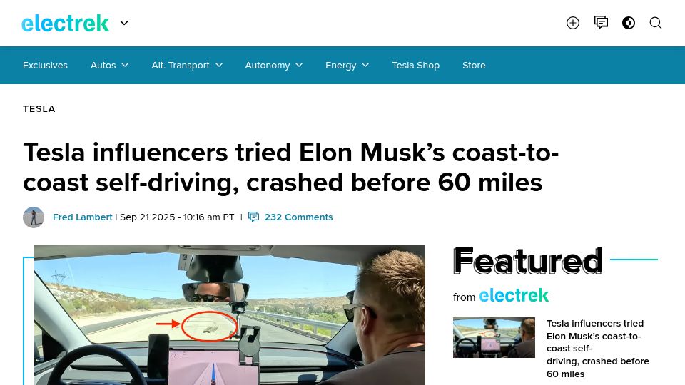 Screenshot of electrek.co: Tesla coast-to-coast FSD crashes after 60 miles