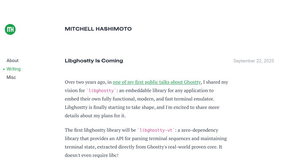 Screenshot of mitchellh.com: Libghostty is coming