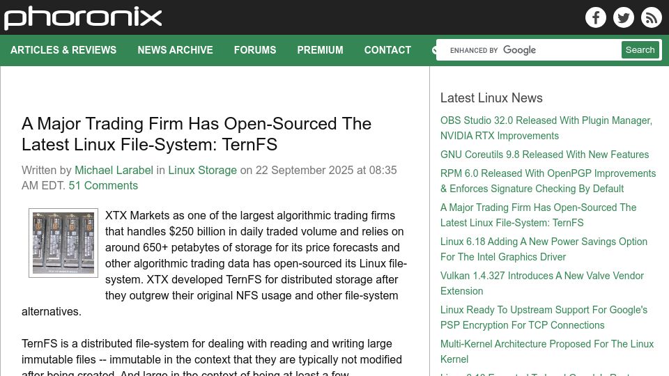 Screenshot of phoronix.com: The Latest Linux File-System: TernFS