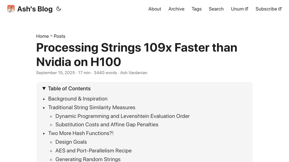 Screenshot of ashvardanian.com: Processing Strings 109x Faster Than Nvidia on H100