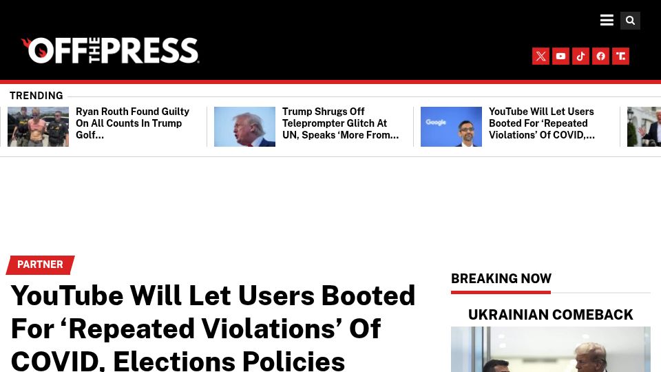 Screenshot of businessinsider.com: YouTube says it'll bring back creators banned for Covid and election content
