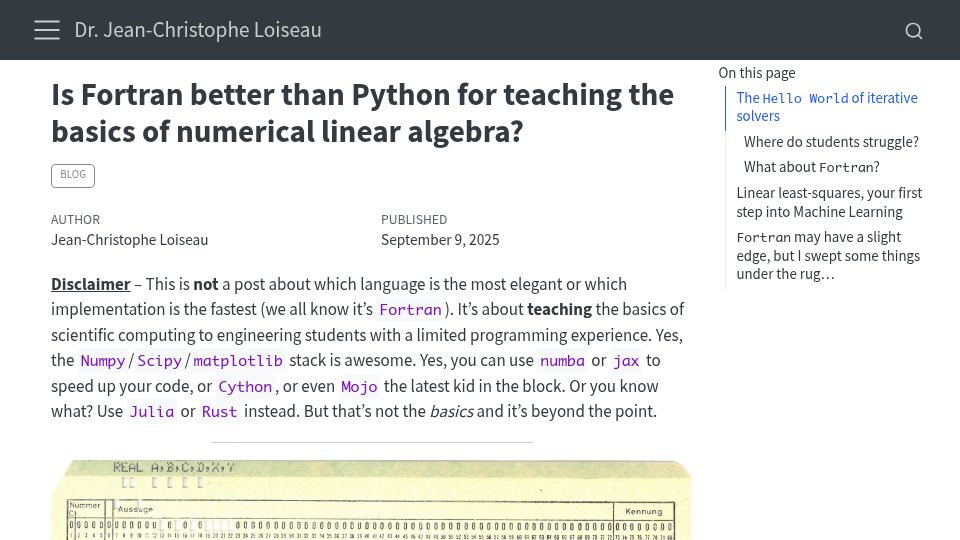 Screenshot of loiseaujc.github.io: Is Fortran better than Python for teaching basics of numerical linear algebra?